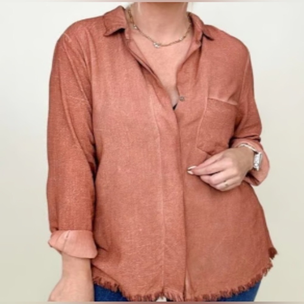 Umgee Linen Blend Button Up Short Women’s M Fray Hem Rust Rodeo‎ Western Cowgirl